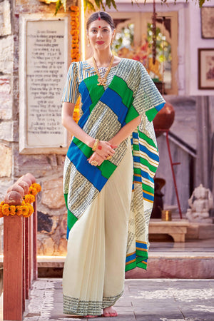 Cream Printed Bhagalpuri Silk Saree