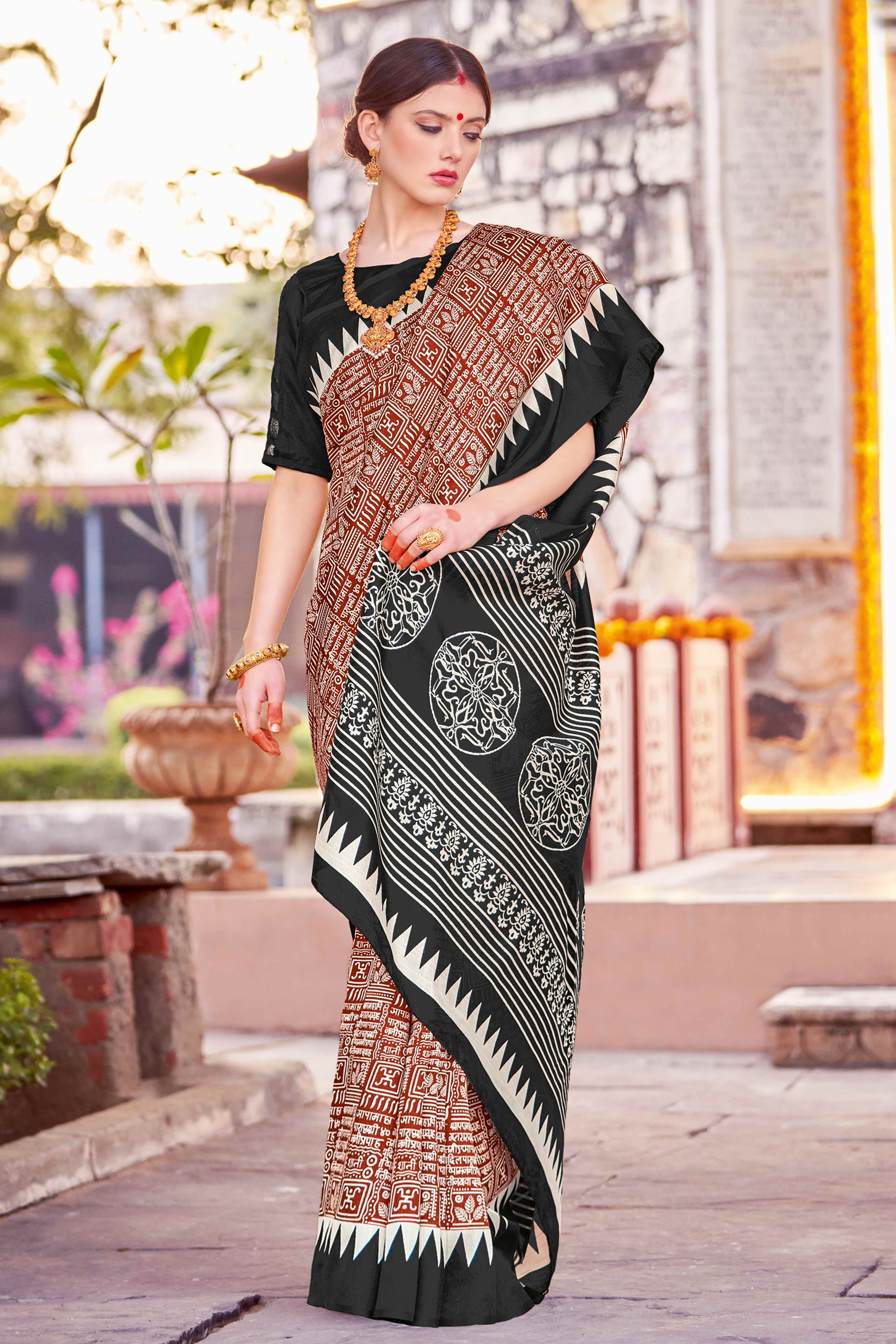 Dark Rust & Black Printed Bhagalpuri Silk Saree