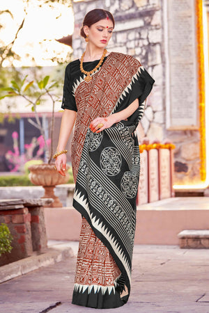 Dark Rust & Black Printed Bhagalpuri Silk Saree