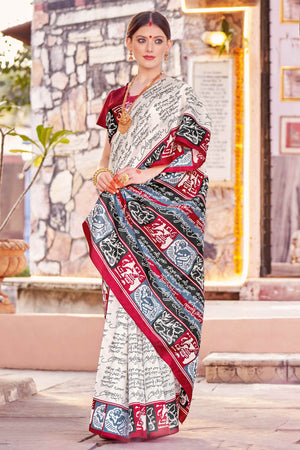 White Printed Bhagalpuri Silk Saree