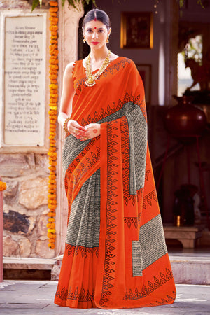 Orange Printed Bhagalpuri Silk Saree