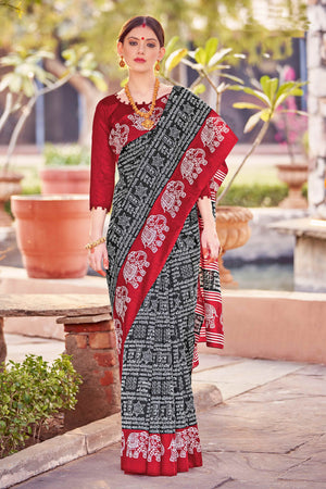 Black & Red Printed Bhagalpuri Silk Saree