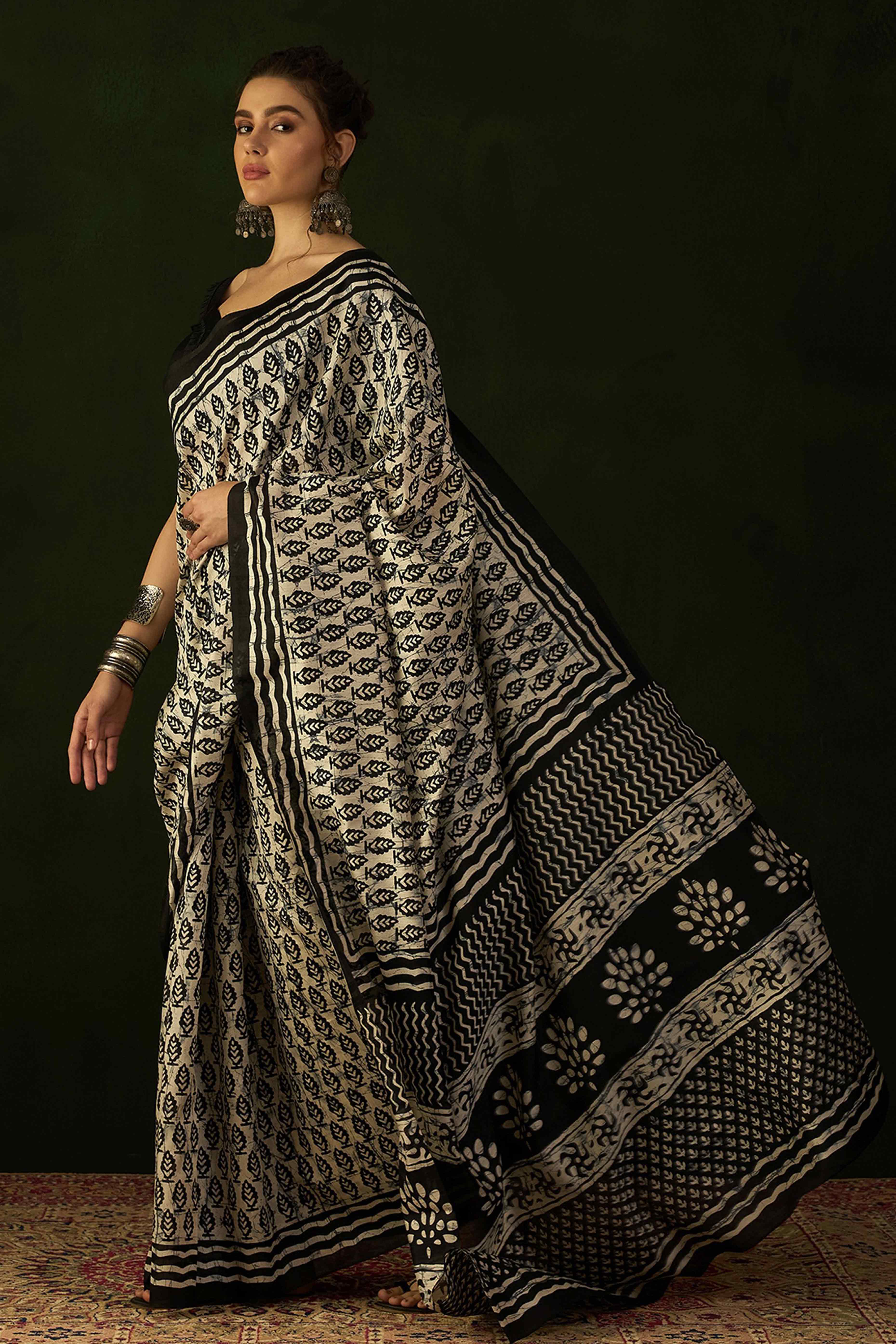 45Black & Beige Printed Bhagalpuri Silk Saree