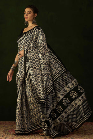 45Black & Beige Printed Bhagalpuri Silk Saree