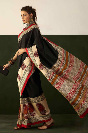 Black & Beige Printed Bhagalpuri Silk Saree