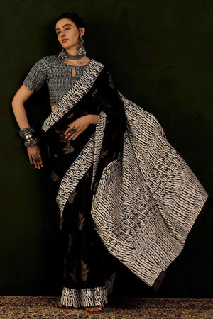 Black & White Printed Bhagalpuri Silk Saree