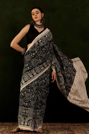 Black & Beige Printed Bhagalpuri Silk Saree