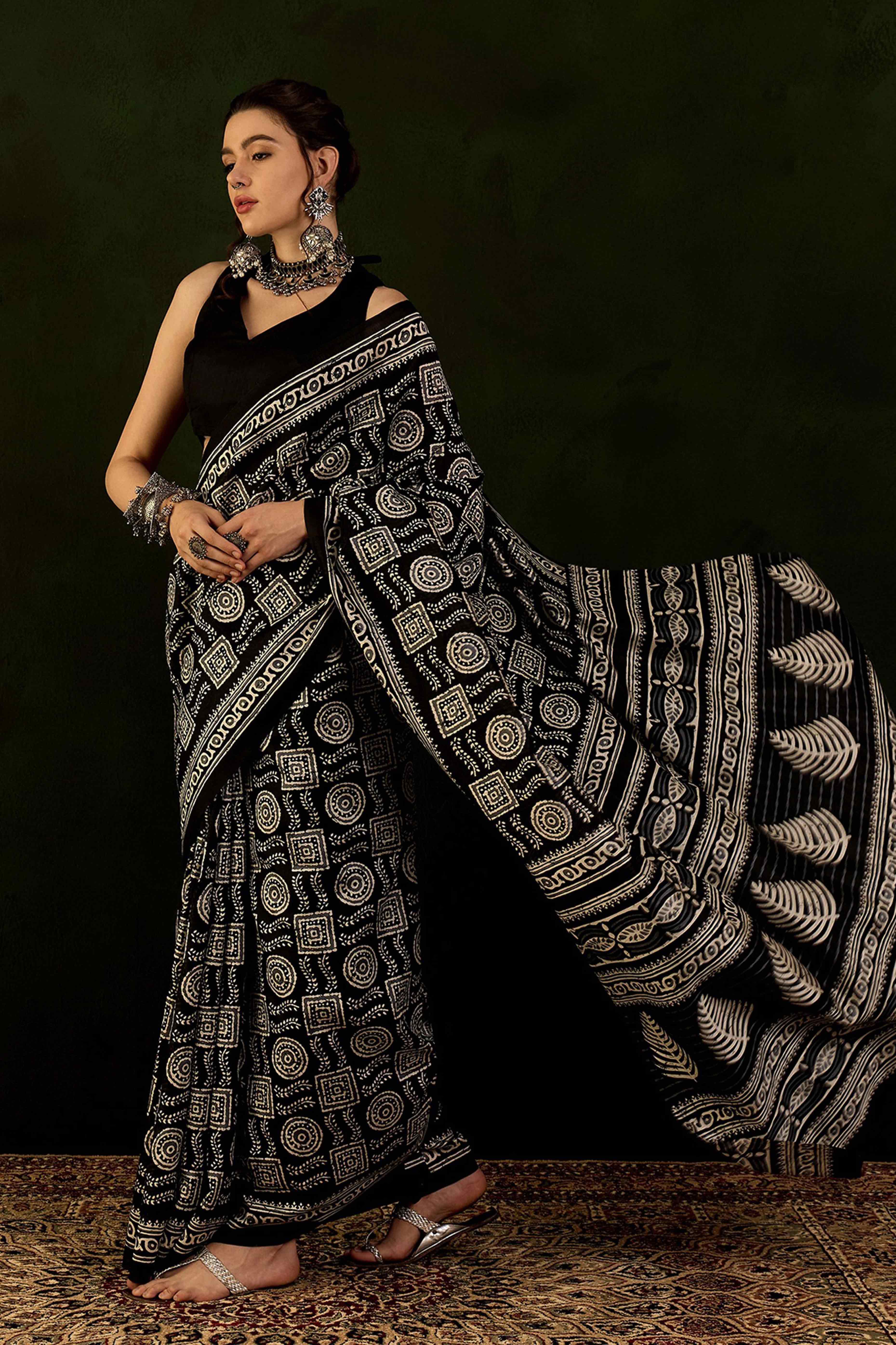 Black Printed Bhagalpuri Silk Saree