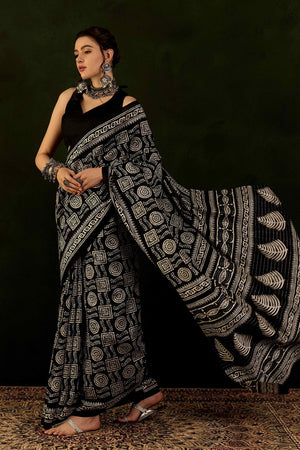 Black Printed Bhagalpuri Silk Saree