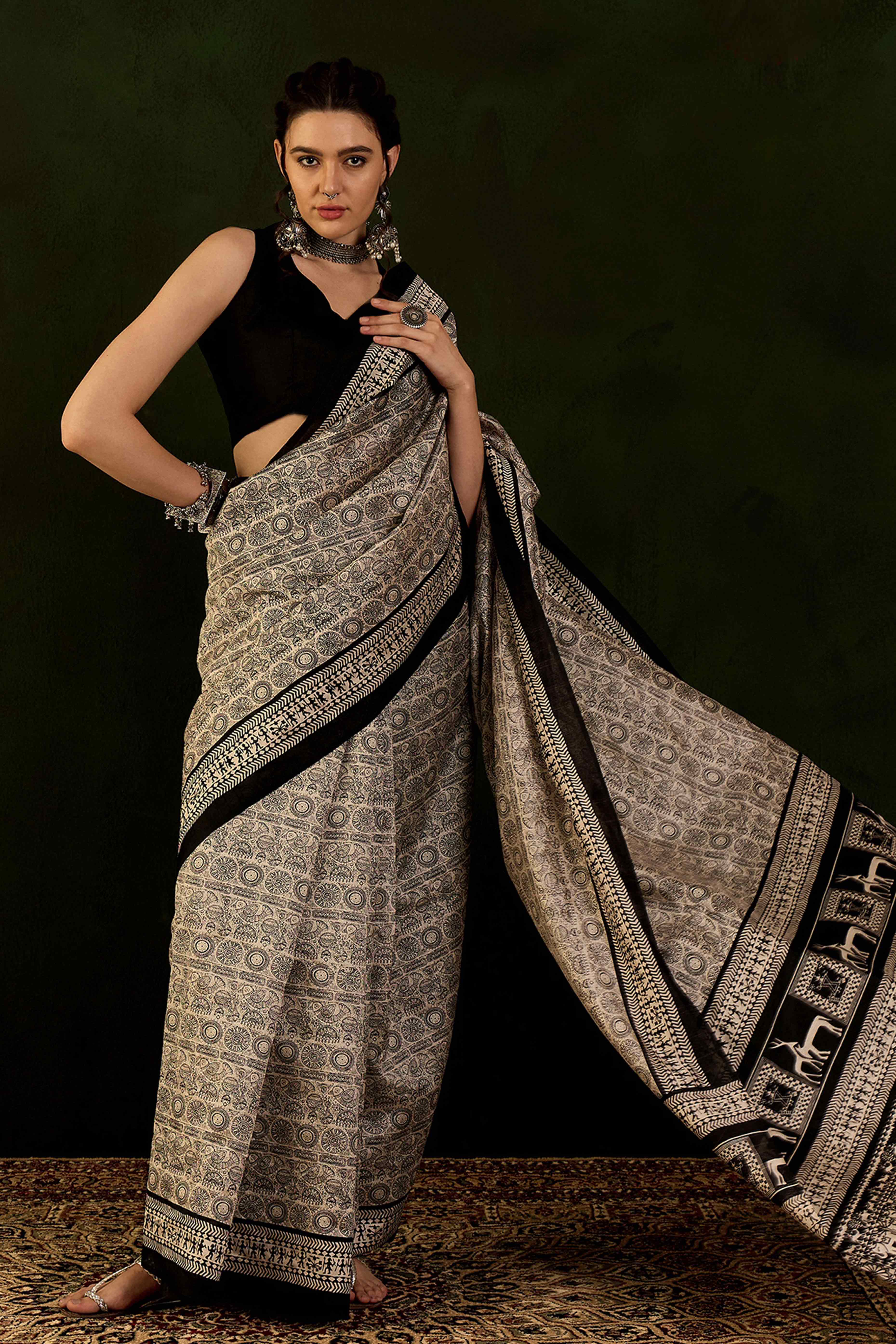 Beige & Black Printed Bhagalpuri Silk Saree
