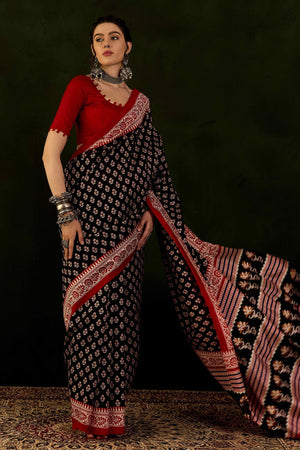 Black & Red Printed Bhagalpuri Silk Saree