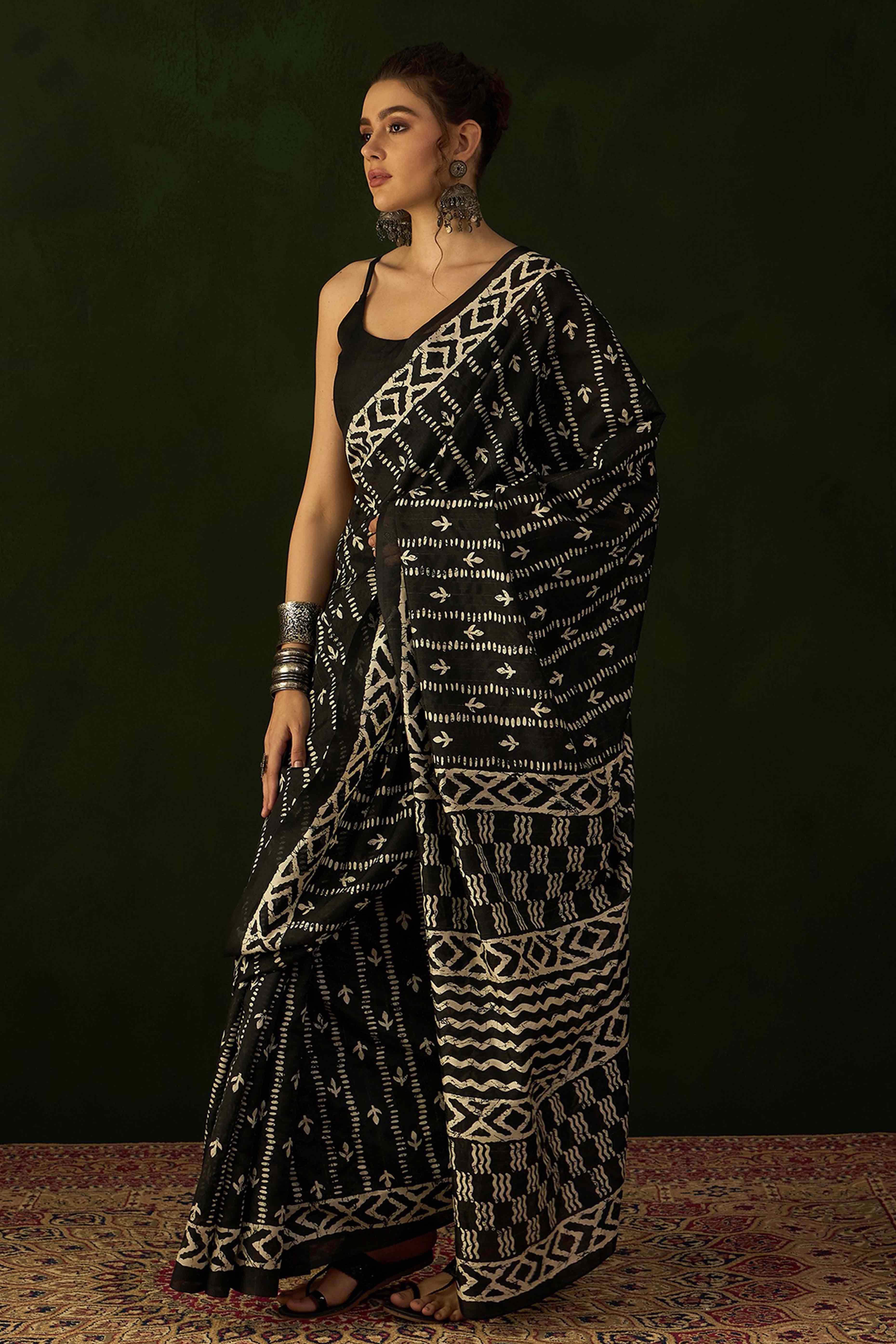Black Printed Bhagalpuri Silk Saree