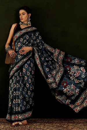 Black & Grey Printed Bhagalpuri Silk Saree