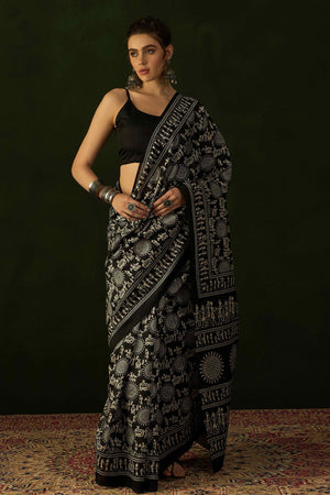 Black Printed Bhagalpuri Silk Saree