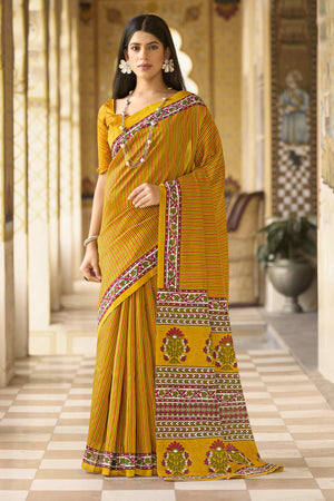 Mustard Striped Printed Bhagalpuri Silk Saree