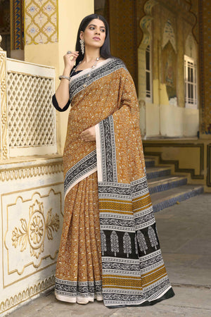 Dark Mustard Printed Bhagalpuri Silk Saree