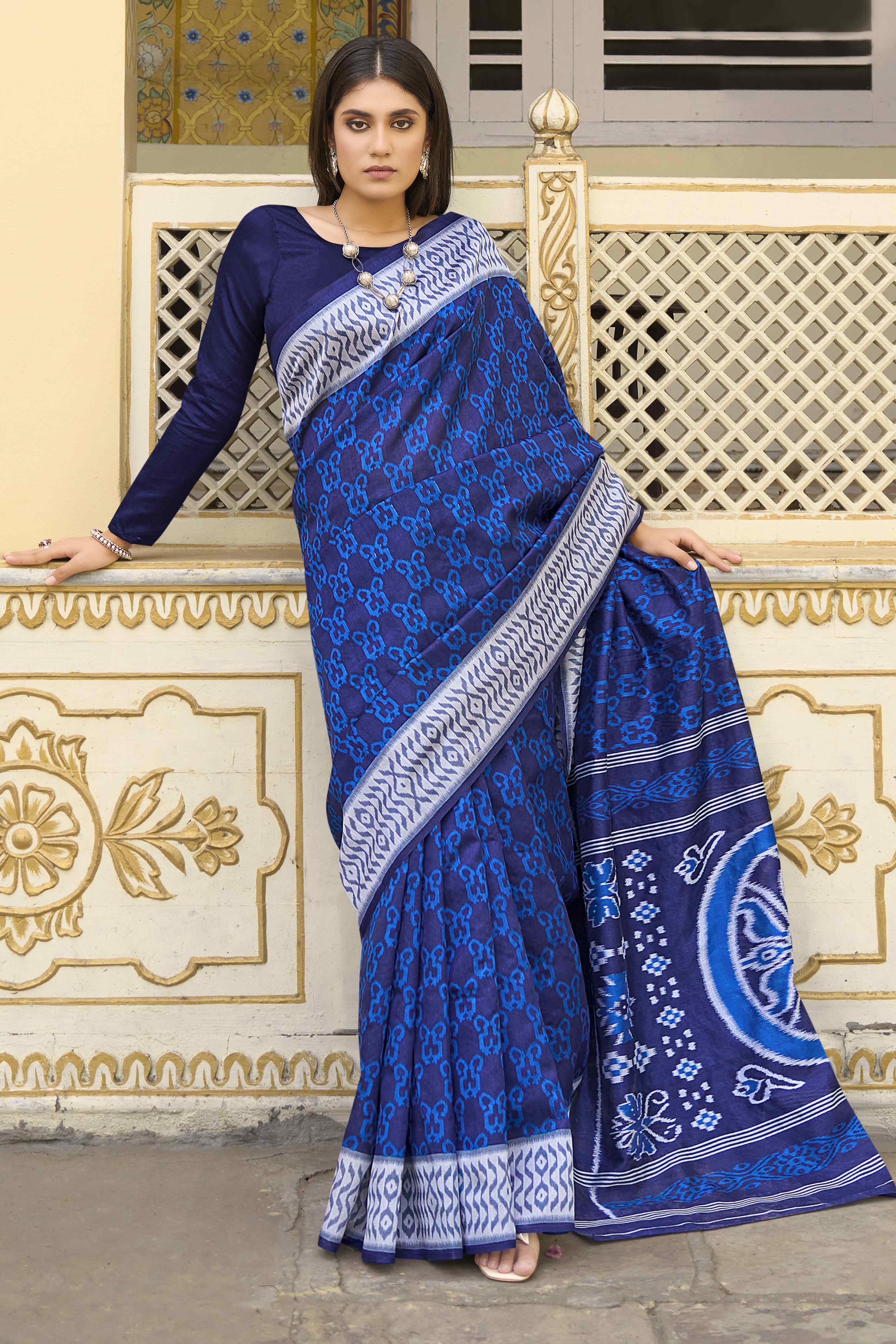 Navy Blue Printed Bhagalpuri Silk Saree