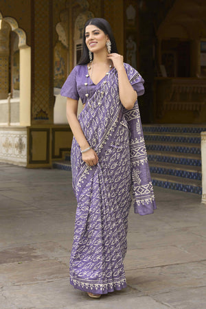 Lavender Floral Printed Bhagalpuri Silk Saree
