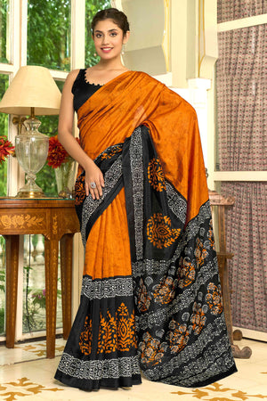 Orange & Black Printed Bhagalpuri Silk Saree