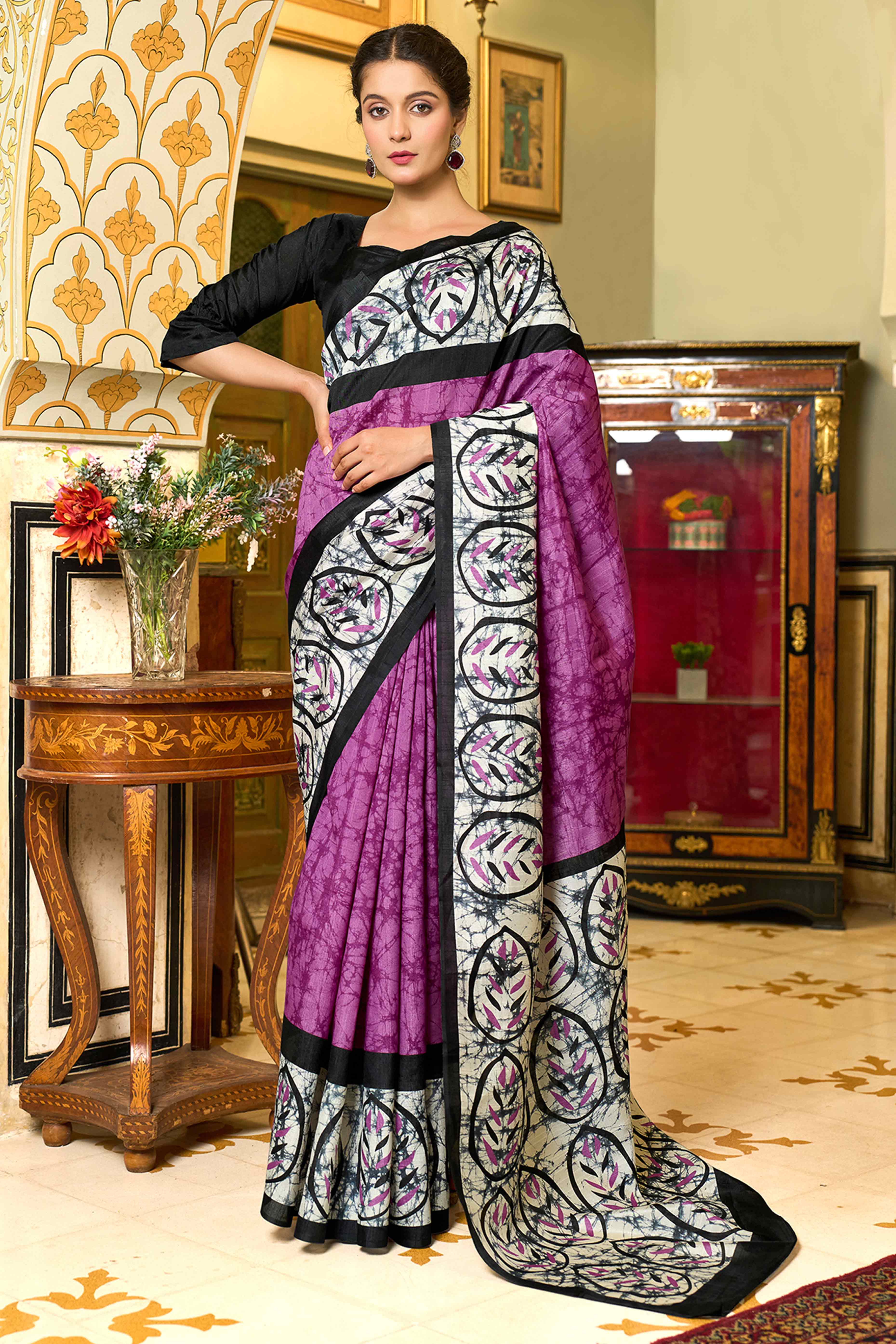 Purple & Black Printed Bhagalpuri Silk Saree