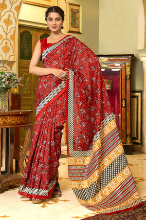 Red Floral Printed Bhagalpuri Silk Saree