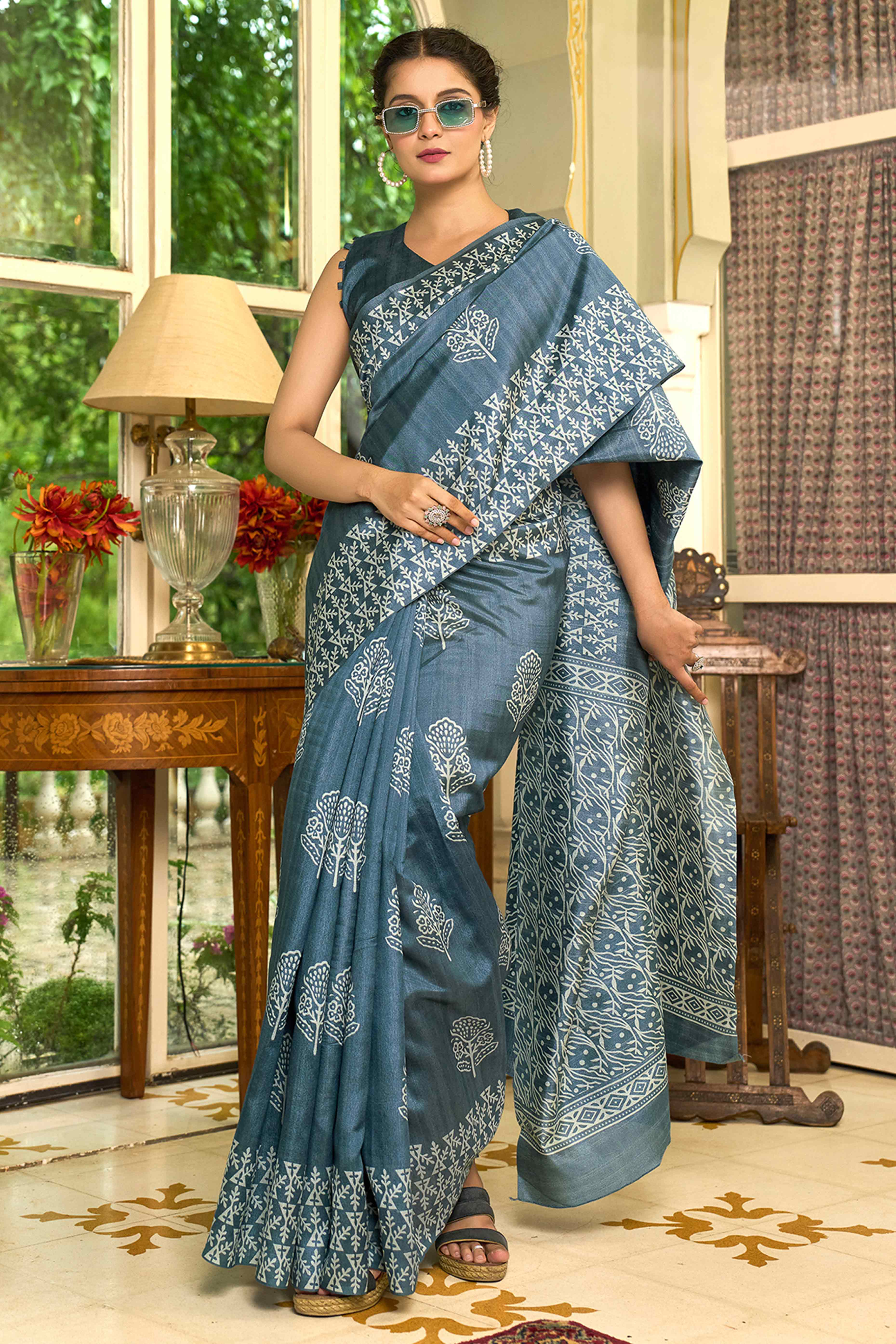 Grey Floral Printed Bhagalpuri Silk Saree
