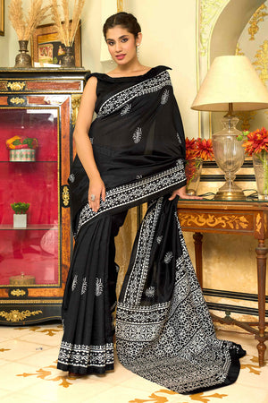 Black Floral Printed Bhagalpuri Silk Saree