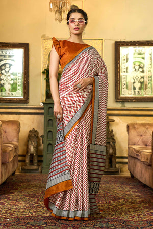 Maroon & White Zag-Zag Printed Bhagalpuri Silk Saree