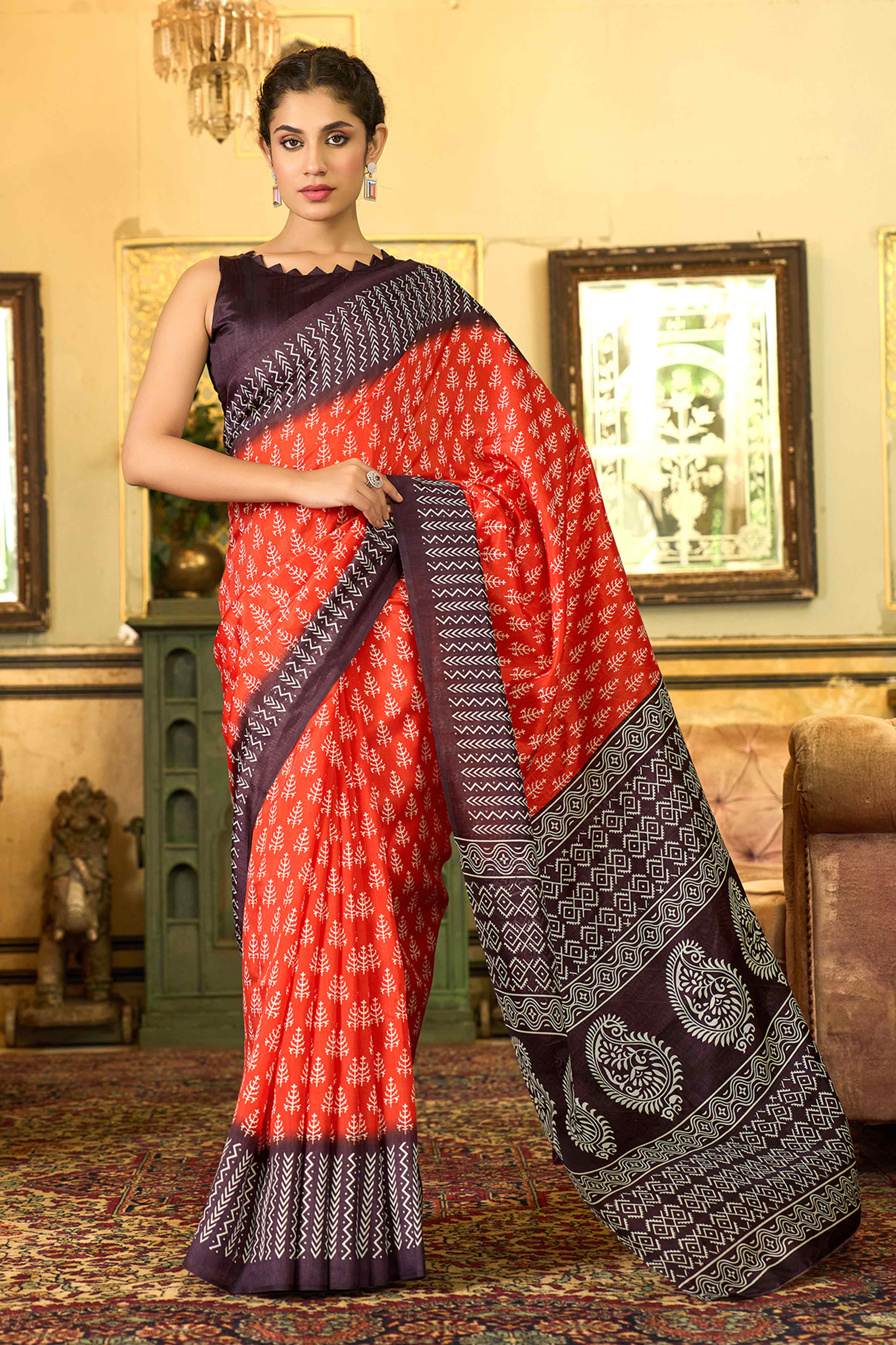Orange & Wine Printed Bhagalpuri Silk Saree