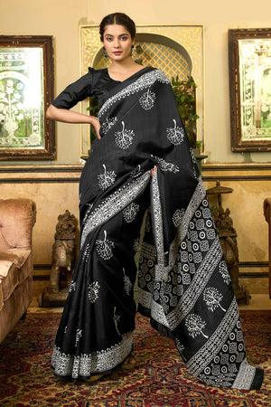 Black Floral Printed Bhagalpuri Silk Saree