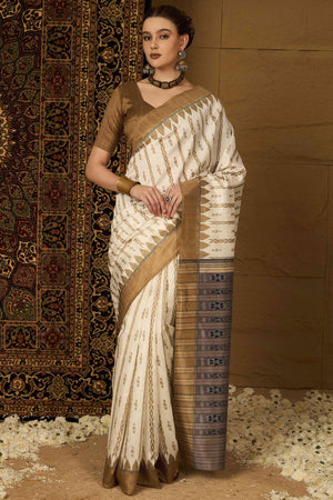 Offwhite Printed Bhagalpuri Silk Saree