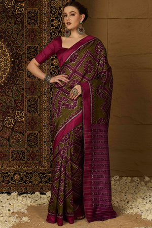 Green & Purple Floral Printed Bhagalpuri Silk Saree