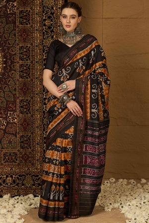 Black & Orange Floral Printed Bhagalpuri Silk Saree