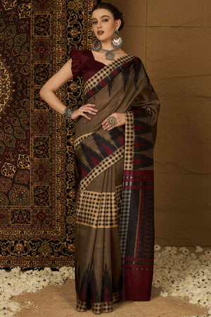 Brown Checks Printed Bhagalpuri Silk Saree