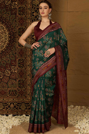 Green Floral Printed Bhagalpuri Silk Saree