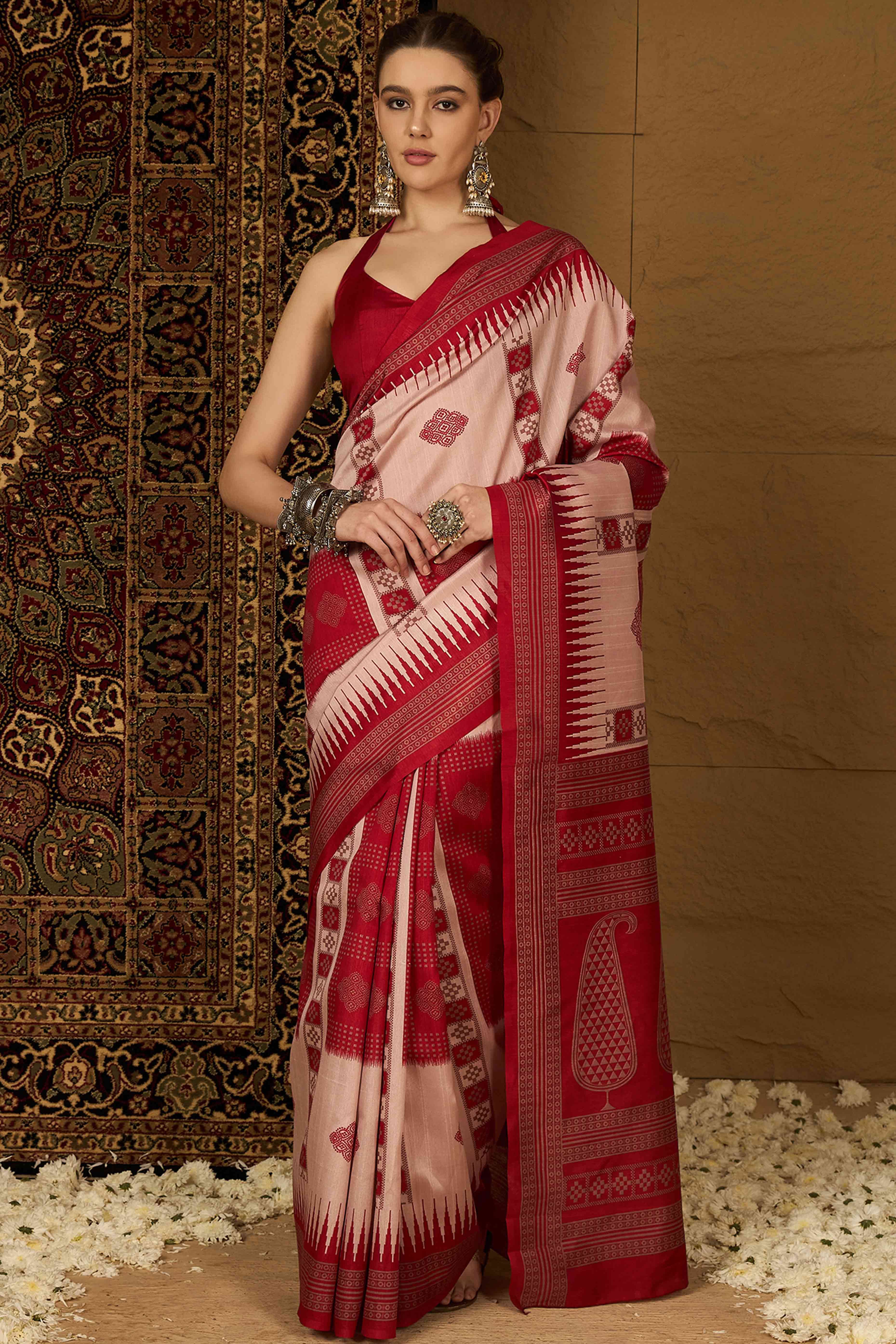 Peach & Red Printed Bhagalpuri Silk Saree