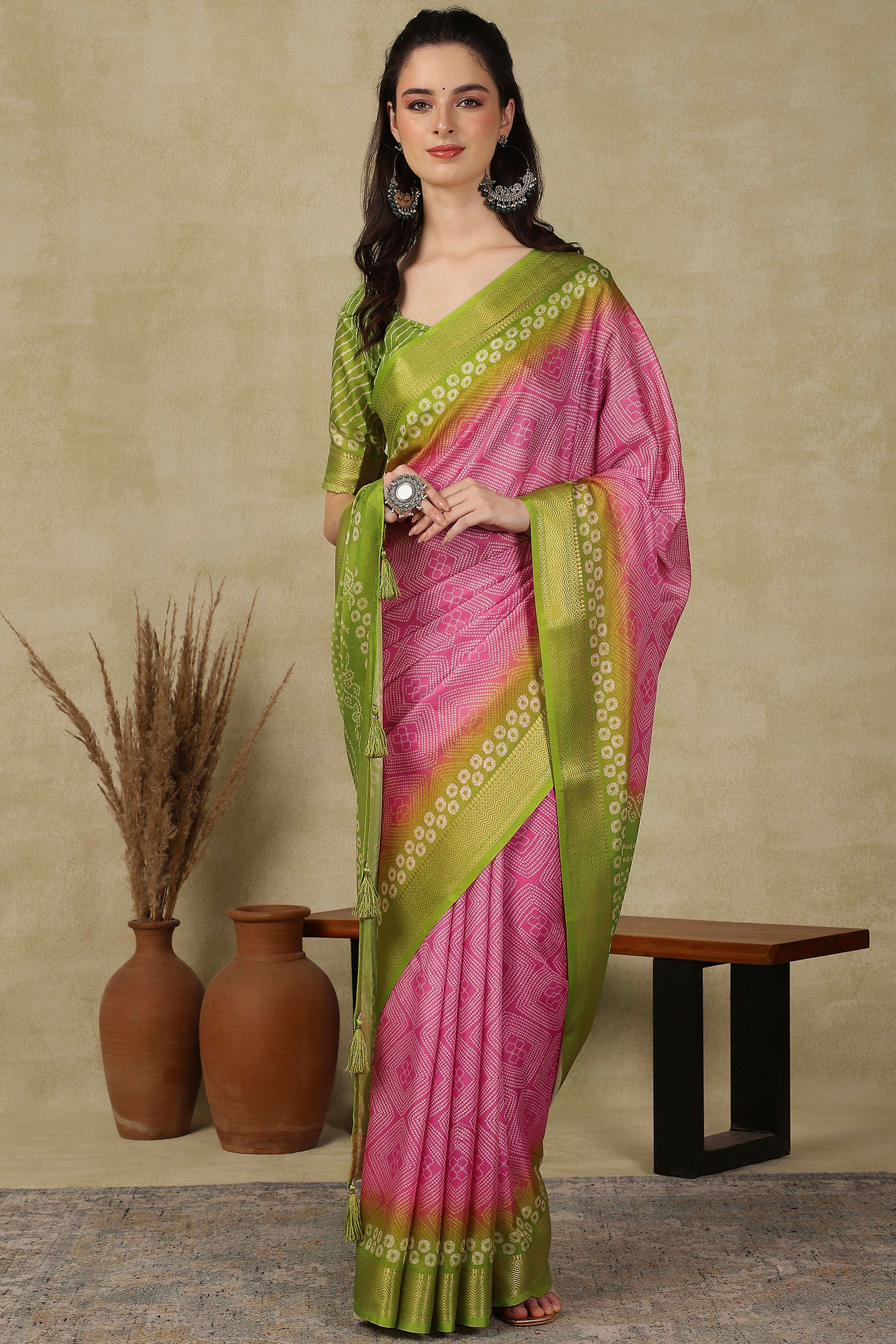 Luxury Pink & Green Bandhani Print Cotton Silk Saree Featuring Weaving Border & Tassel Pallu