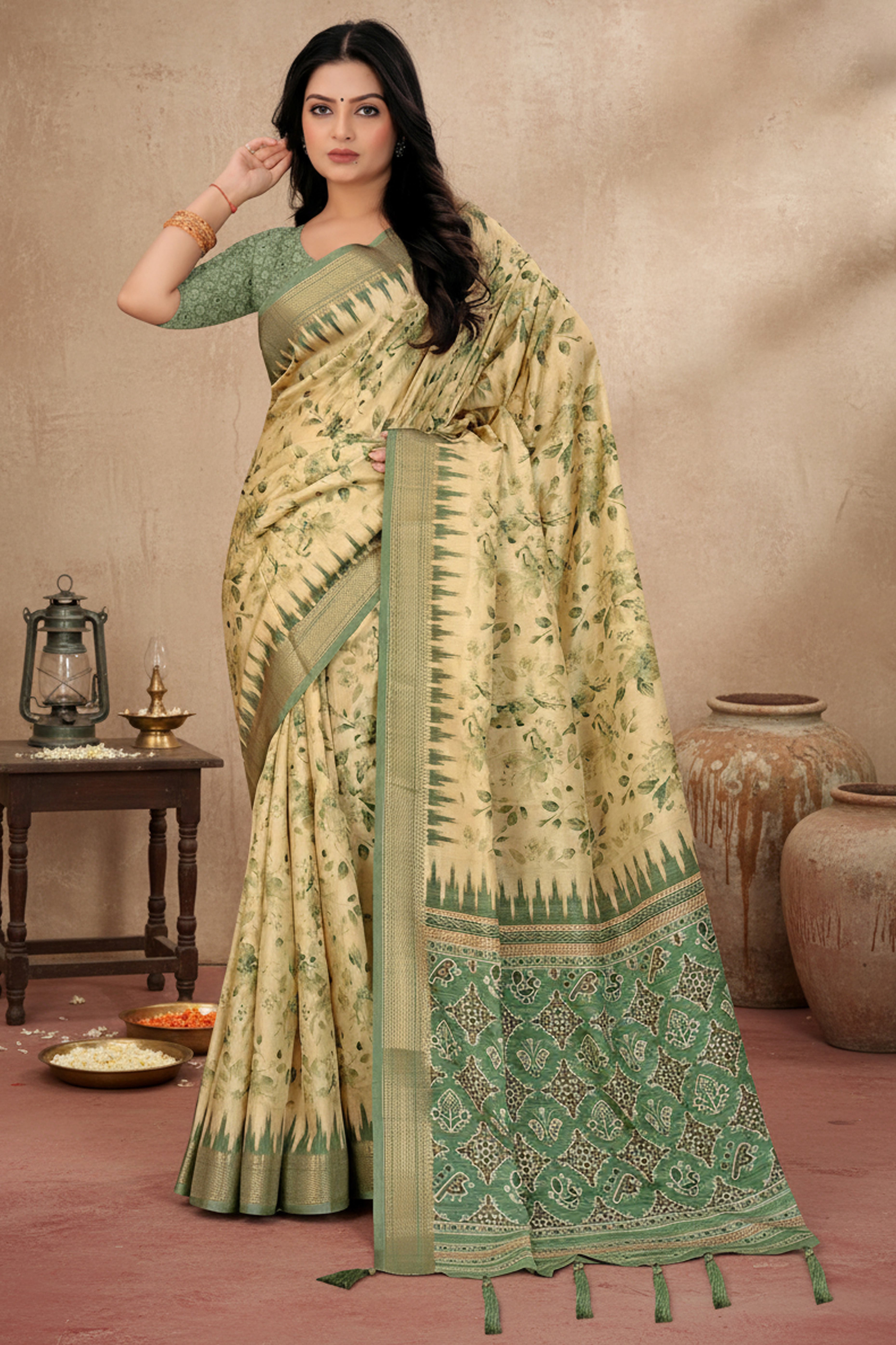 Chic Green Floral Print Cotton Silk Saree Featuring Woven Border & Decorative Tassel Pallu