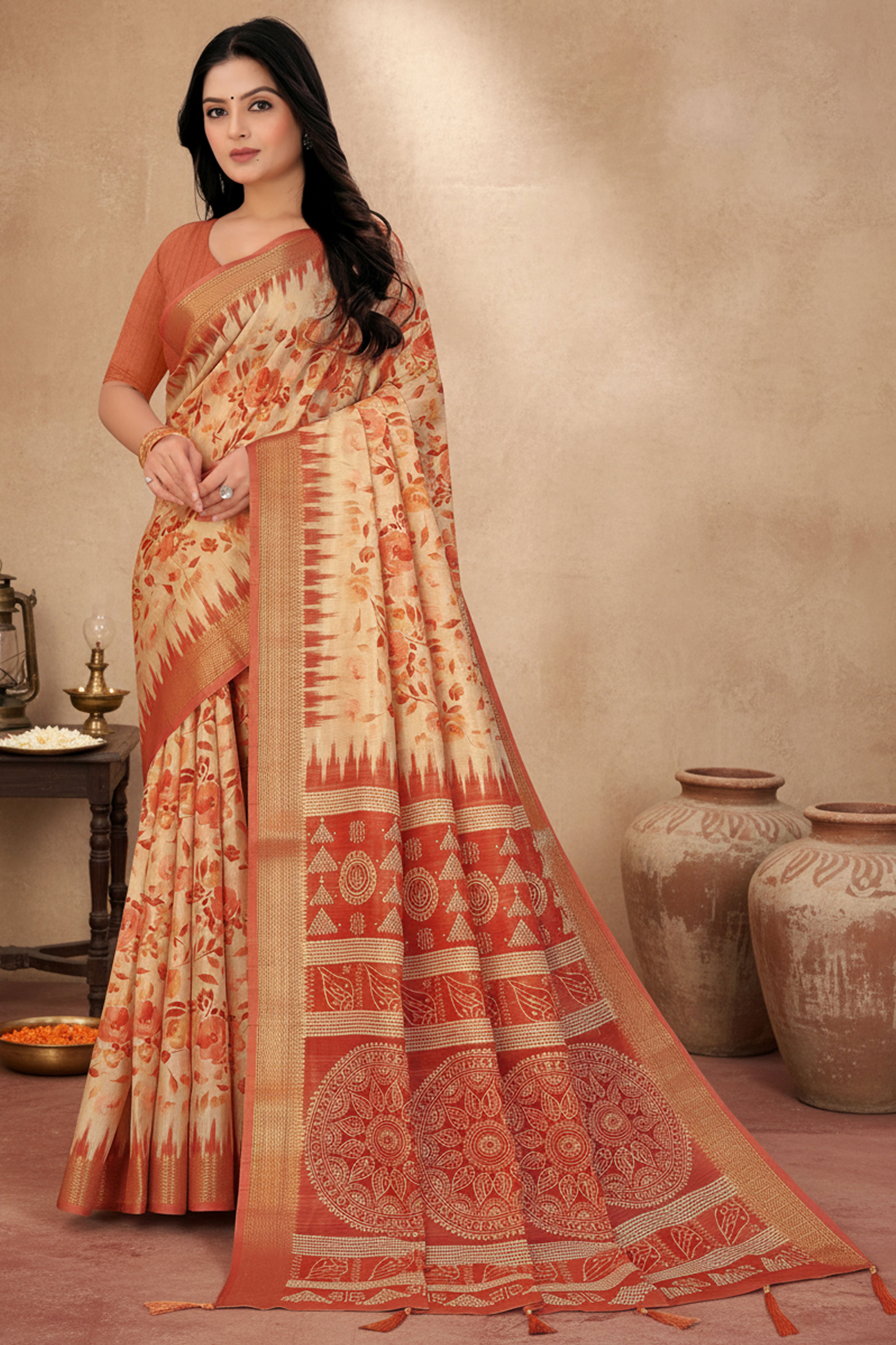 Chic Rust Floral Print Cotton Silk Saree Featuring Woven Border & Decorative Tassel Pallu