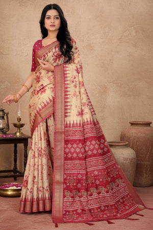 Chic Cherry Red Floral Print Cotton Silk Saree Featuring Woven Border & Decorative Tassel Pallu