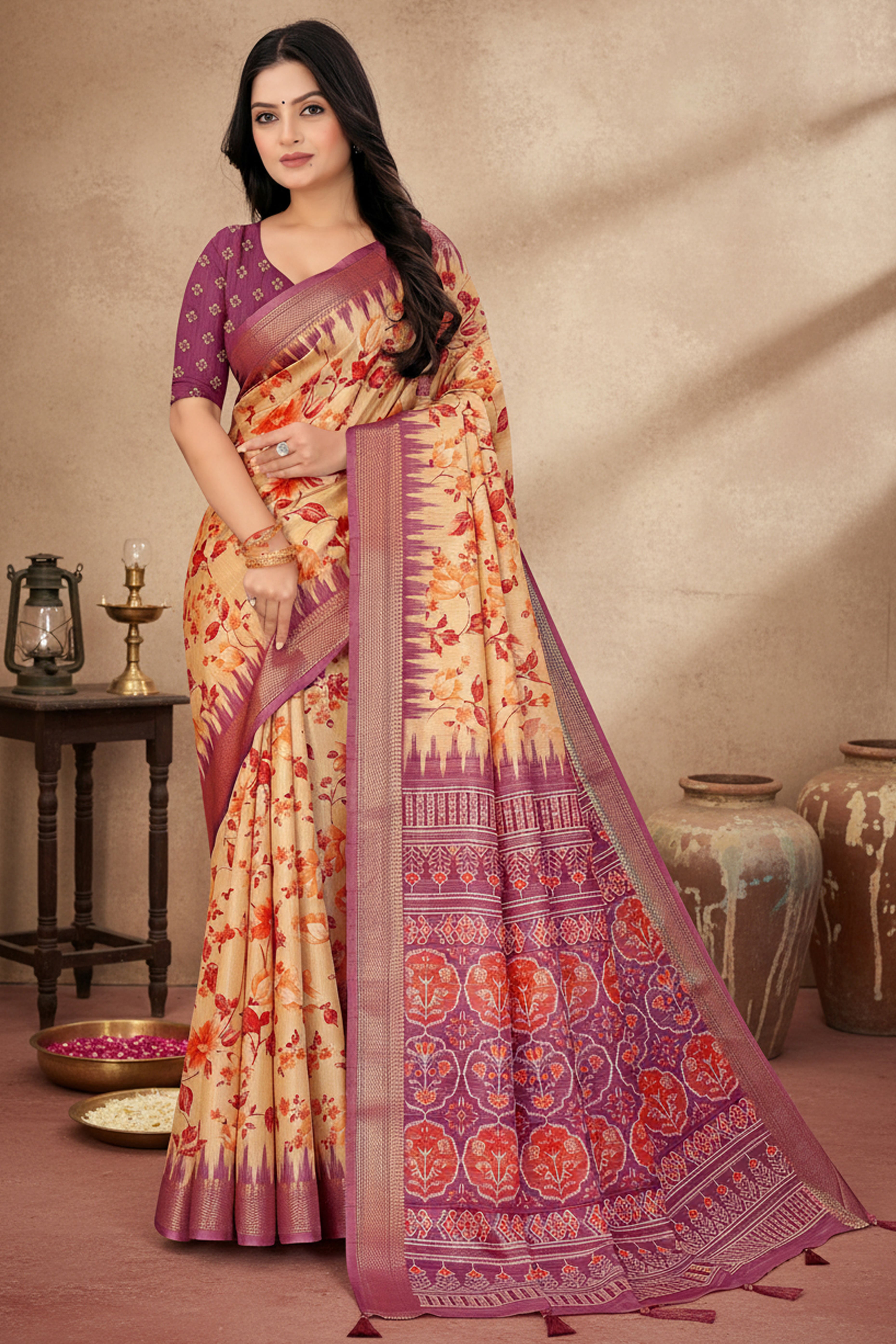 Chic Purple Floral Print Cotton Silk Saree Featuring Woven Border & Decorative Tassel Pallu
