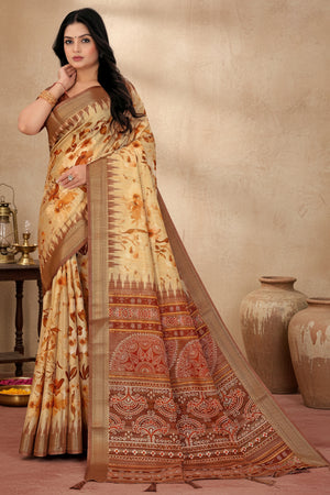 Chic Brown Floral Print Cotton Silk Saree Featuring Woven Border & Decorative Tassel Pallu