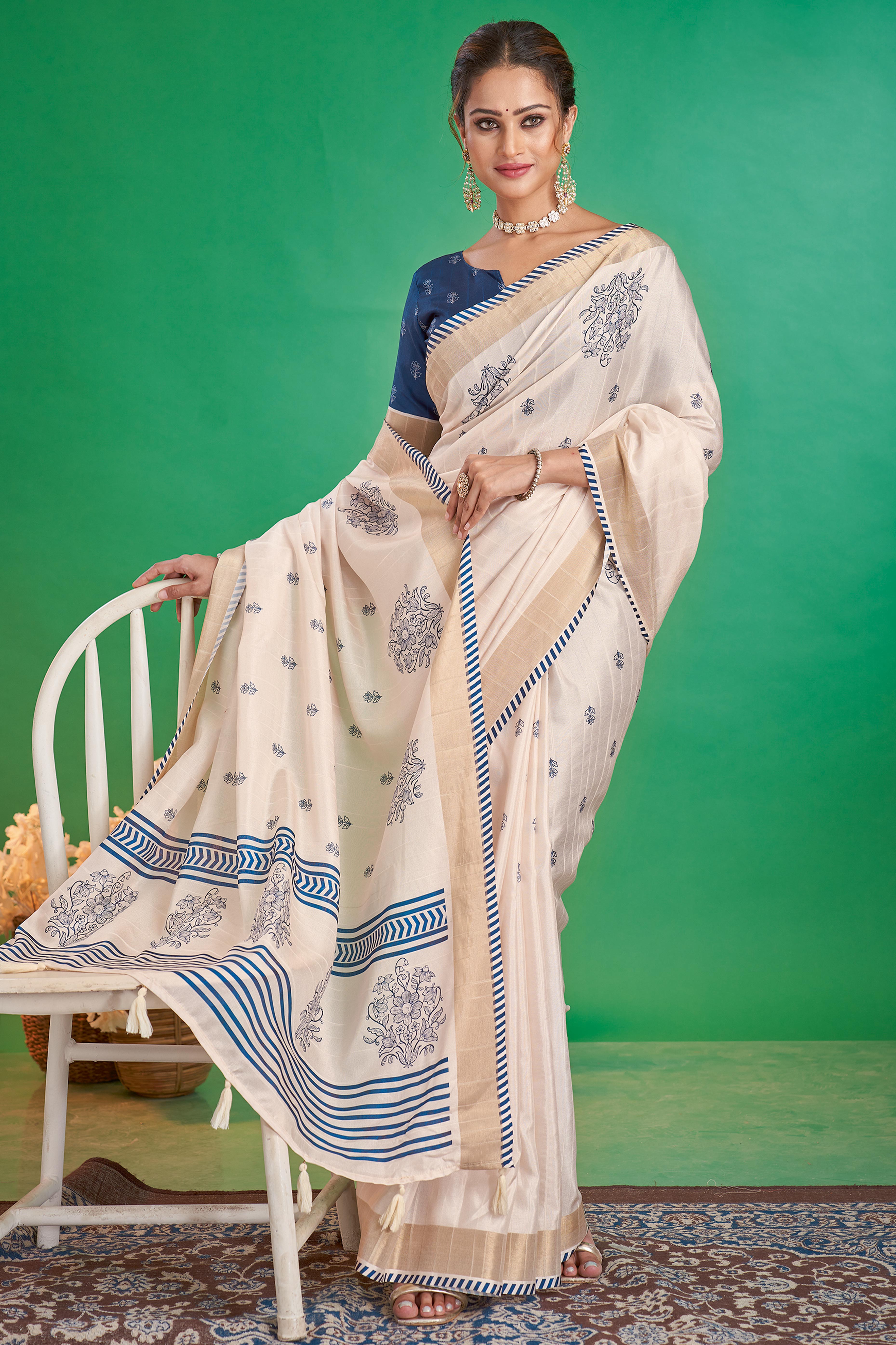 Charming Offwhite & Navy Blue Floral Printed Kotha Cotton Silk Saree Adorned With Tassel Pallu
