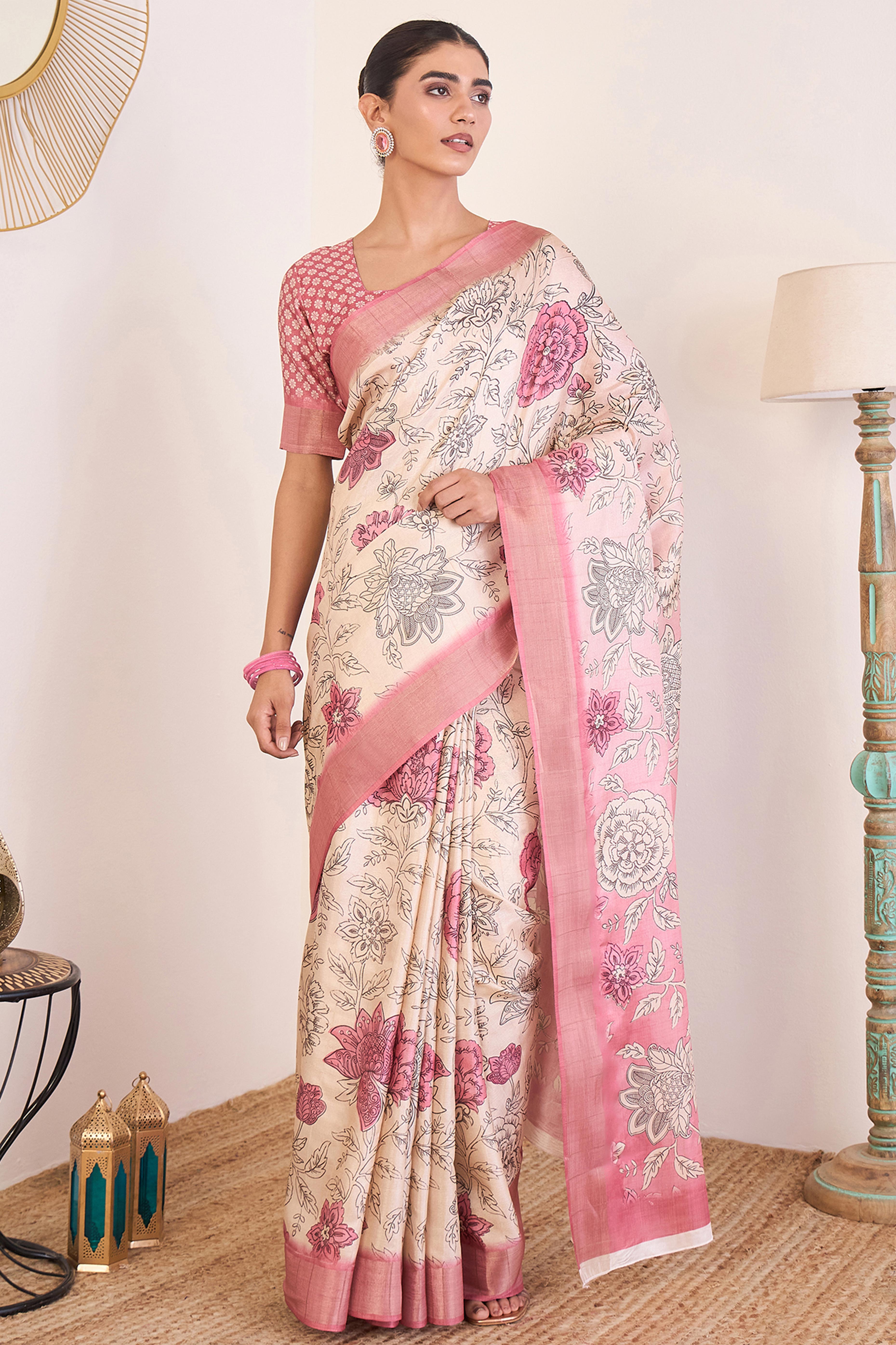 Elegant Pink Floral Printed Kotha Cotton Silk Saree Reflecting Subtle Sophistication