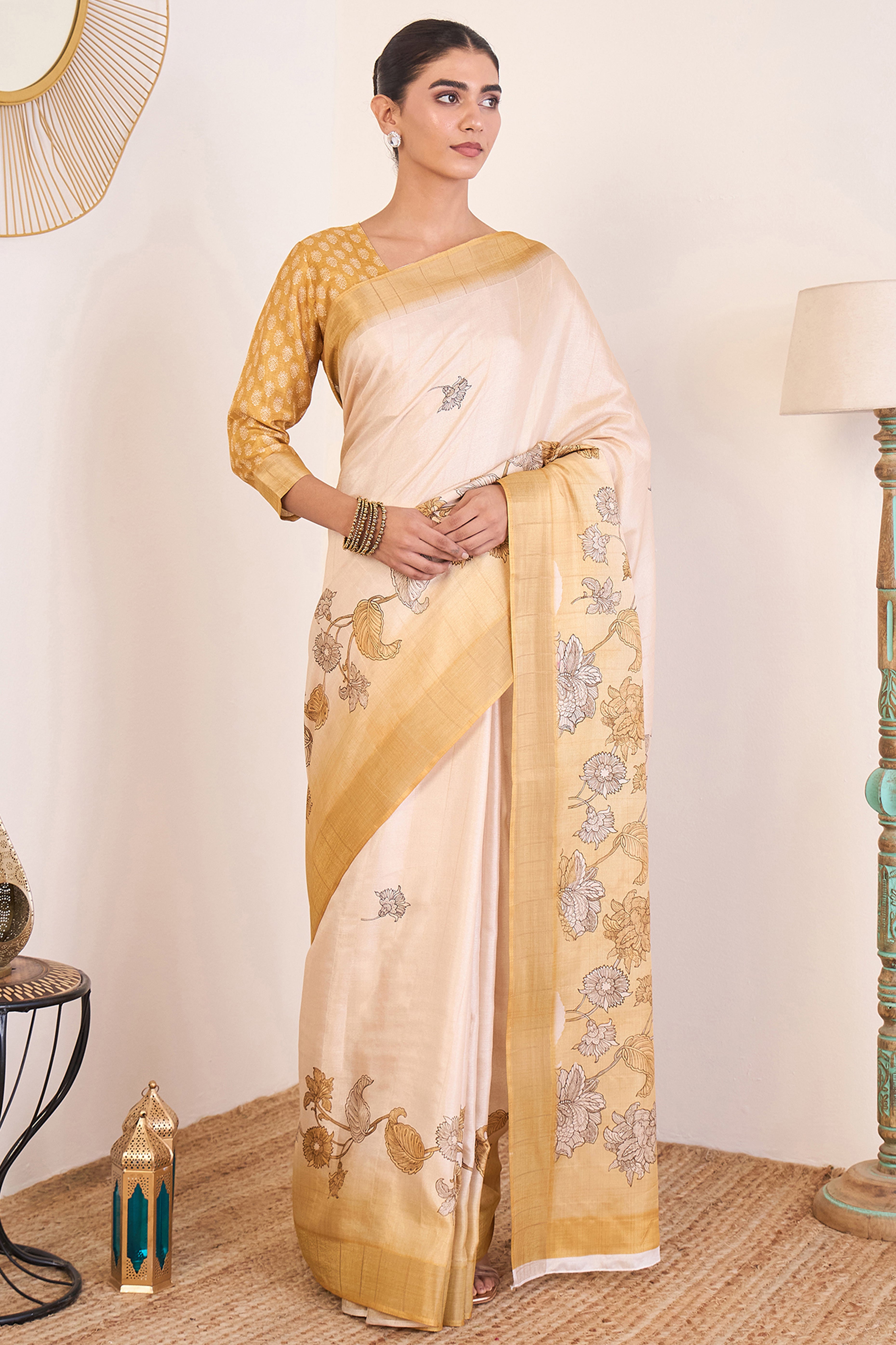 Elegant Light Mustard Floral Printed Kotha Cotton Silk Saree Reflecting Subtle Sophistication