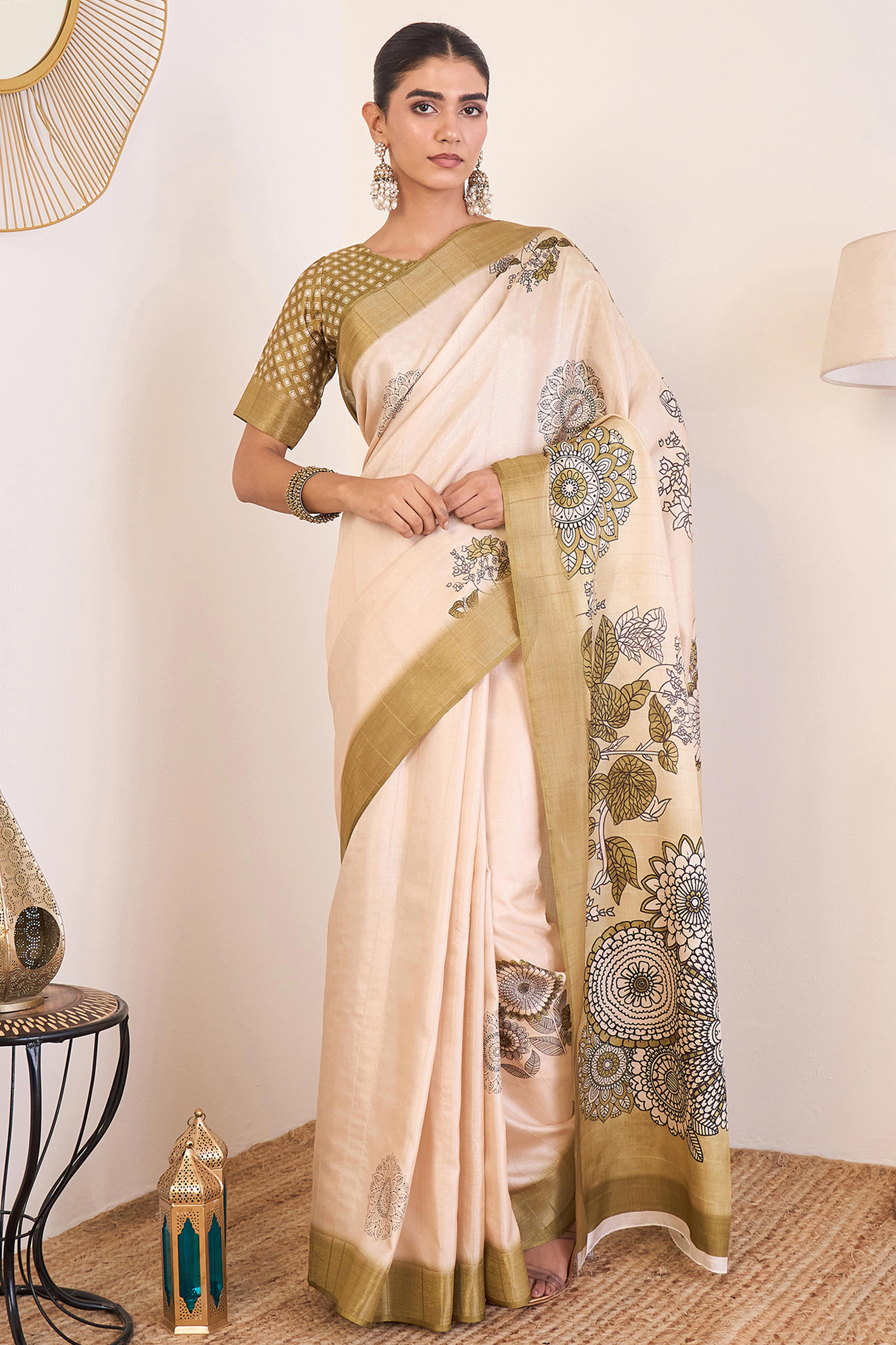 Elegant Mehendi Green Floral Printed Kotha Cotton Silk Saree Reflecting Subtle Sophistication