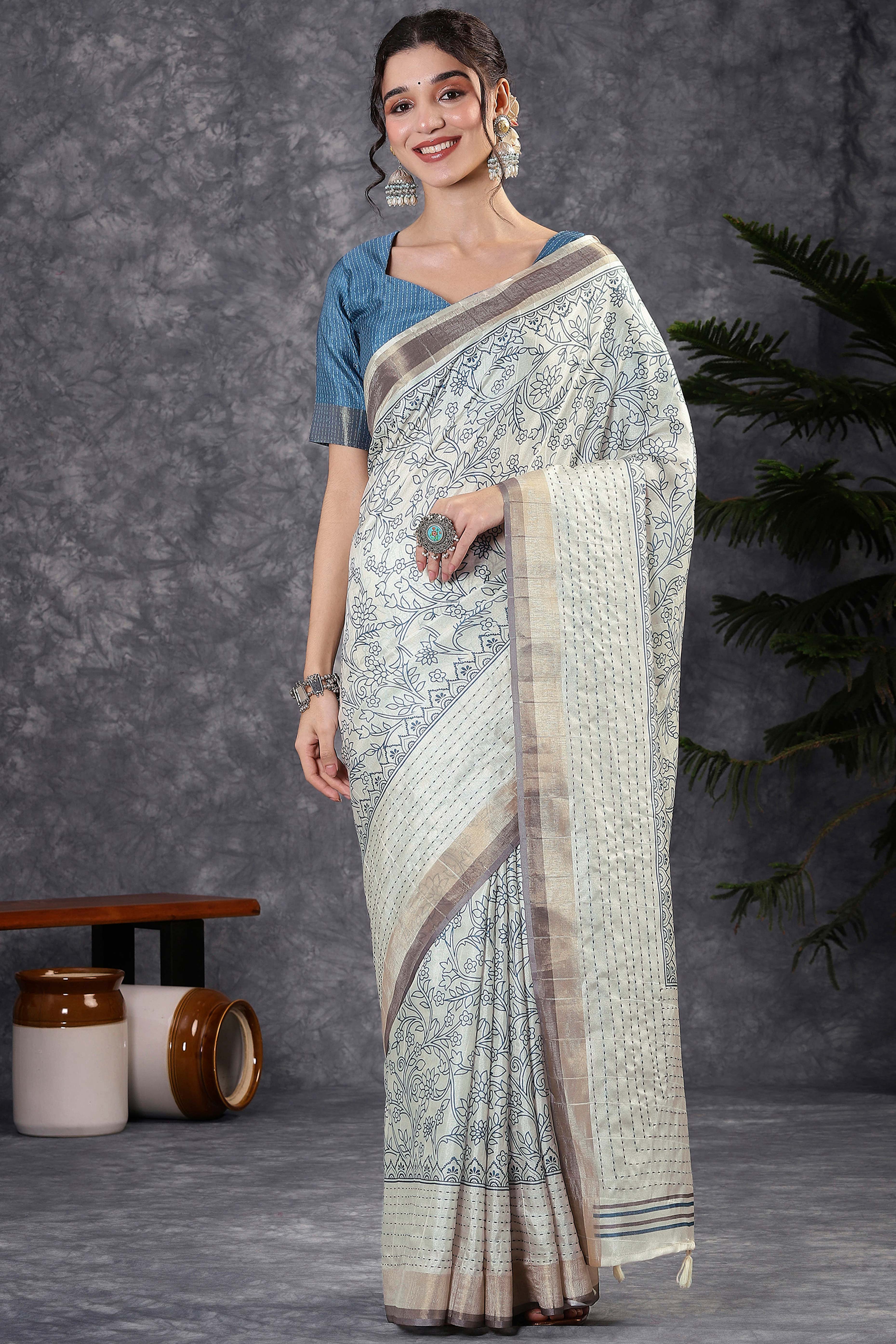 Offwhite & Blue Floral Printed Kotha Cotton Silk Saree With Beautifully Crafted Katha Embroidery