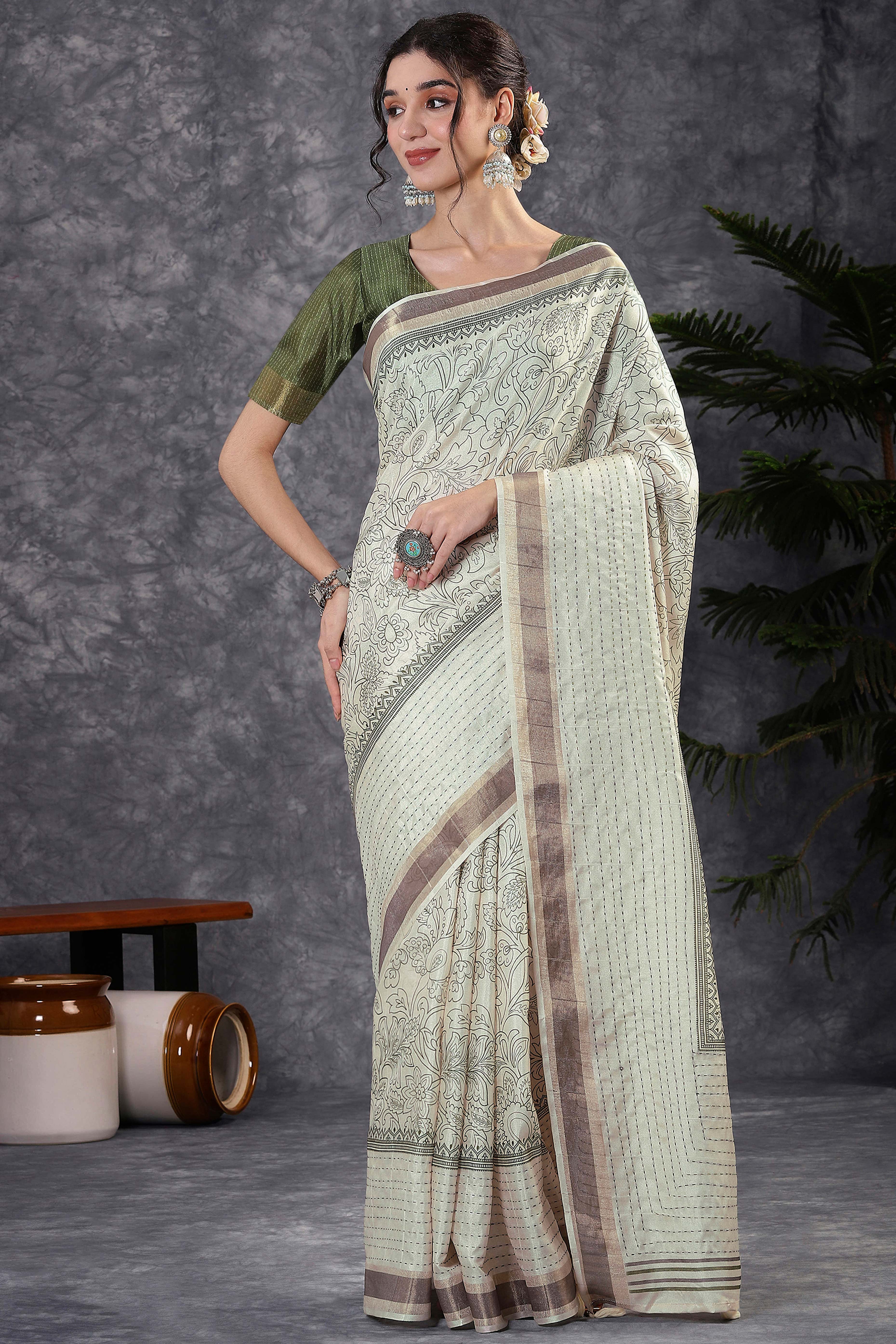 Offwhite & Mehendi Floral Printed Kotha Cotton Silk Saree With Beautifully Crafted Katha Embroidery