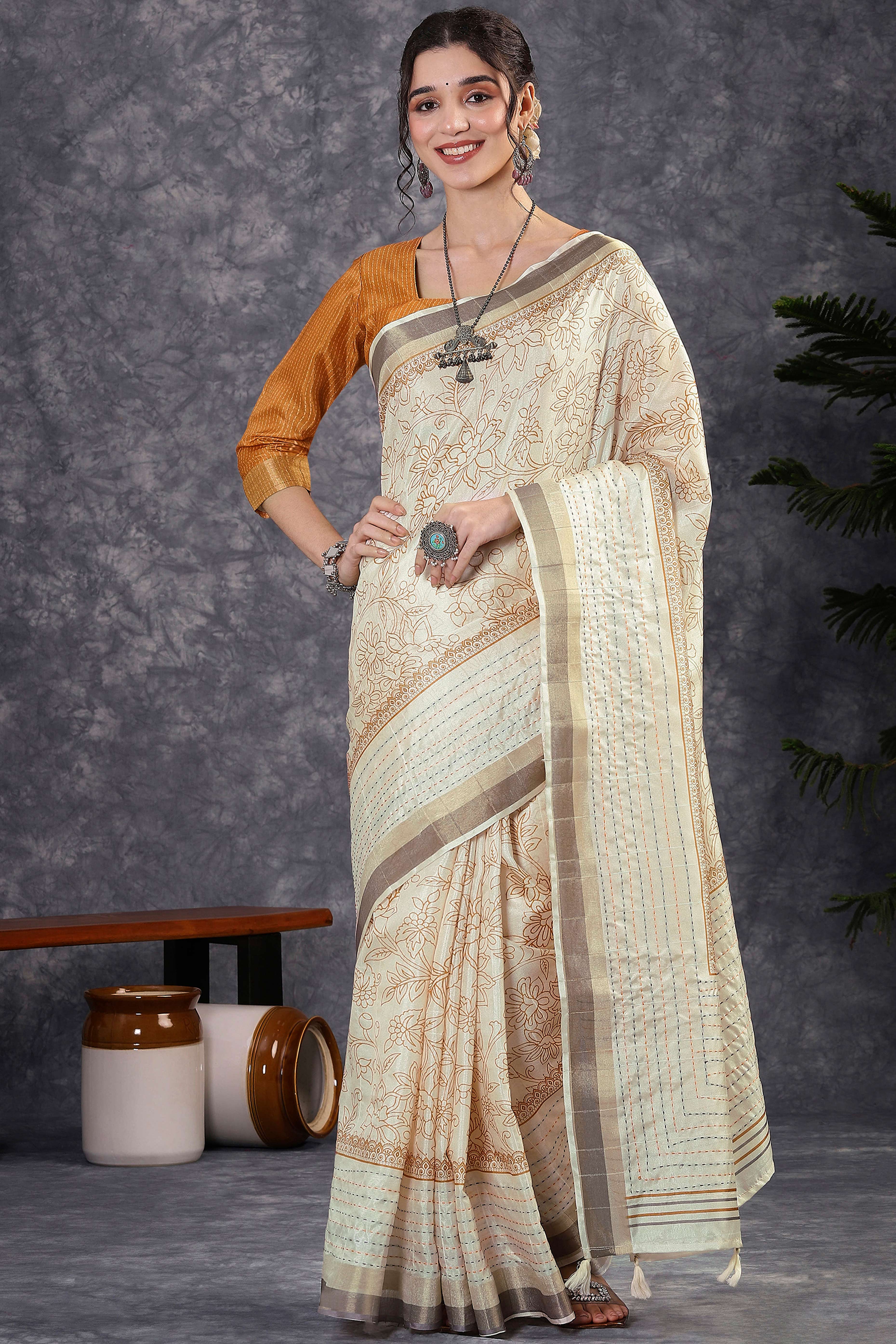 Offwhite & Orange Floral Printed Kotha Cotton Silk Saree With Beautifully Crafted Katha Embroidery