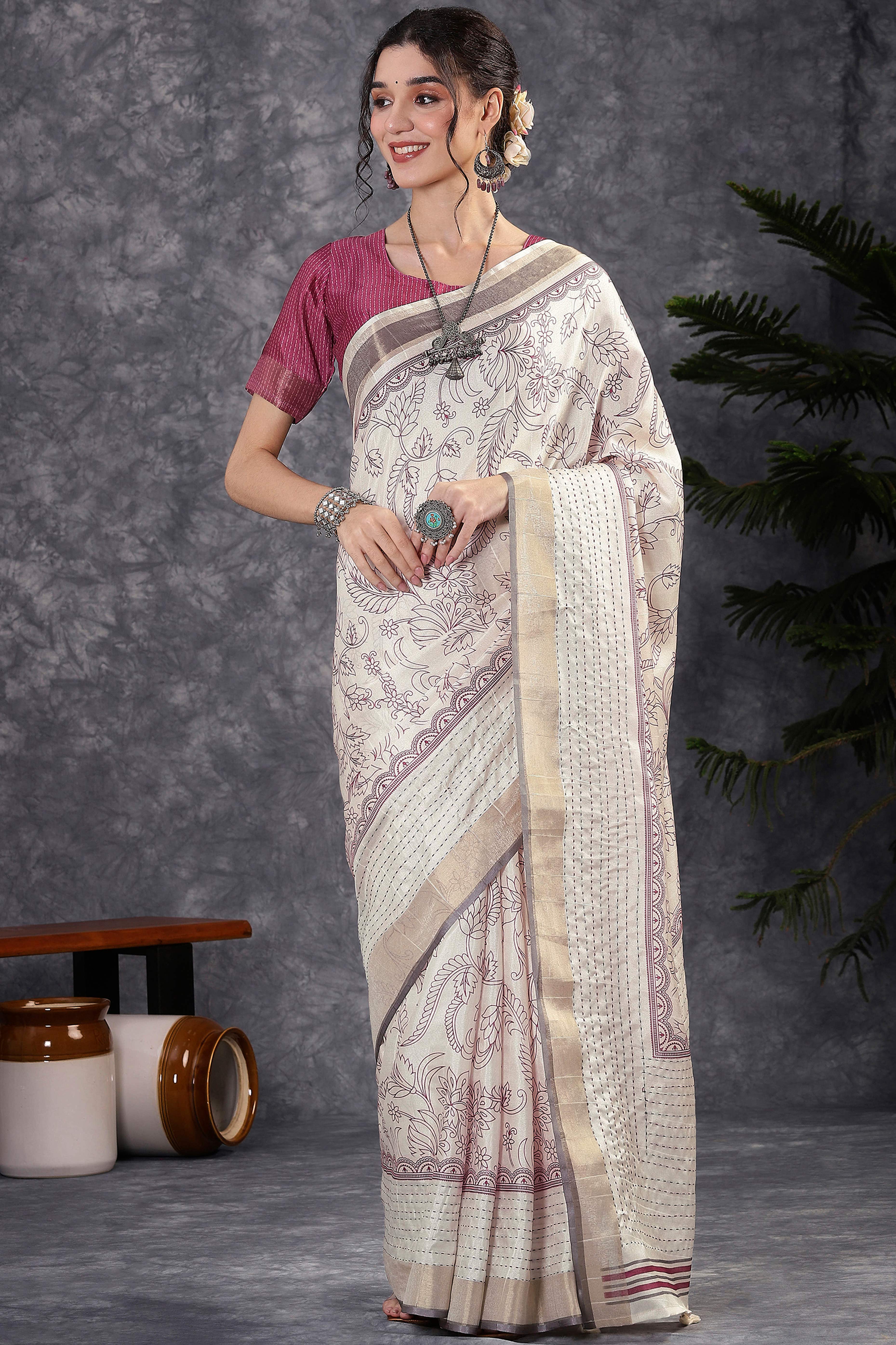 Offwhite & Magenta Floral Printed Kotha Cotton Silk Saree With Beautifully Crafted Katha Embroidery